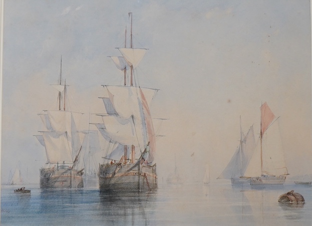 Alfred Herbert (1818-1861), maritime watercolour, Ships at sea, unsigned, inscribed in pencil verso, 29 x 40cm, mounted, unframed. Condition - poor to fair